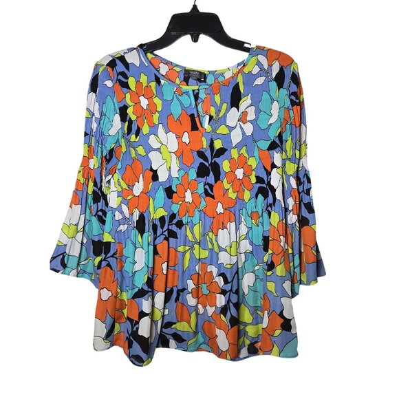 Ninety Womens Multicolor Floral Blouse Size Small Keyhole Boho Flowy Bright Neon - Picture 1 of 8